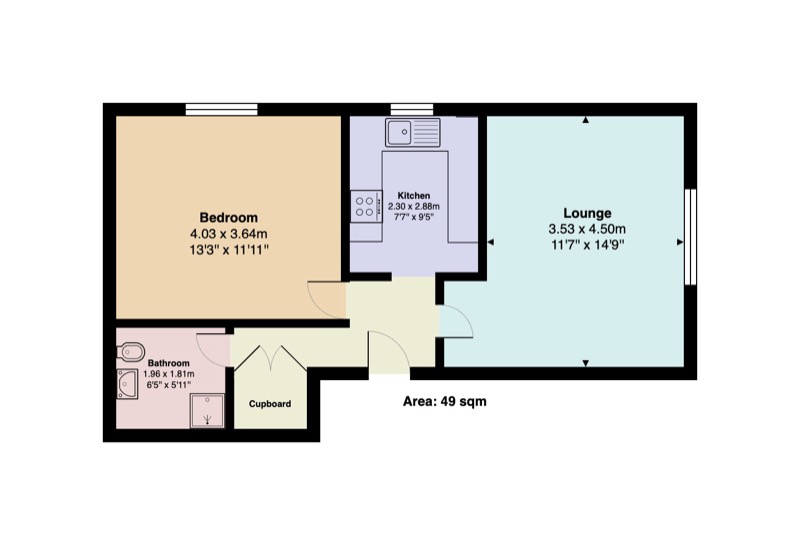 Floor plan of a 1-bedroom flat showing bedroom, lounge, kitchen and bathroom — 49 sqm