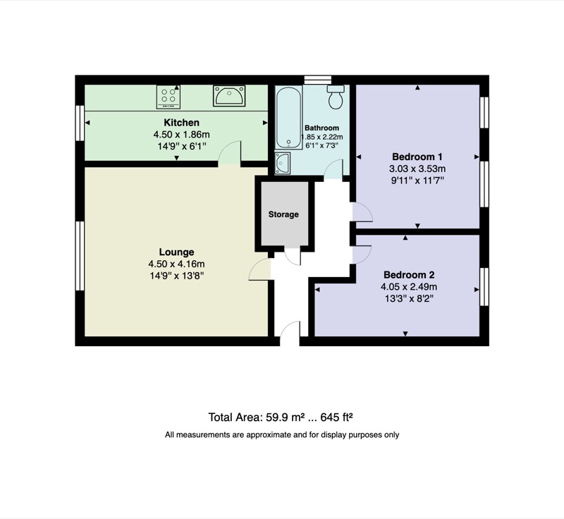 Floor plan of a 2-bedroom flat showing lounge, kitchen, two bedrooms and bathroom — 60 sqm