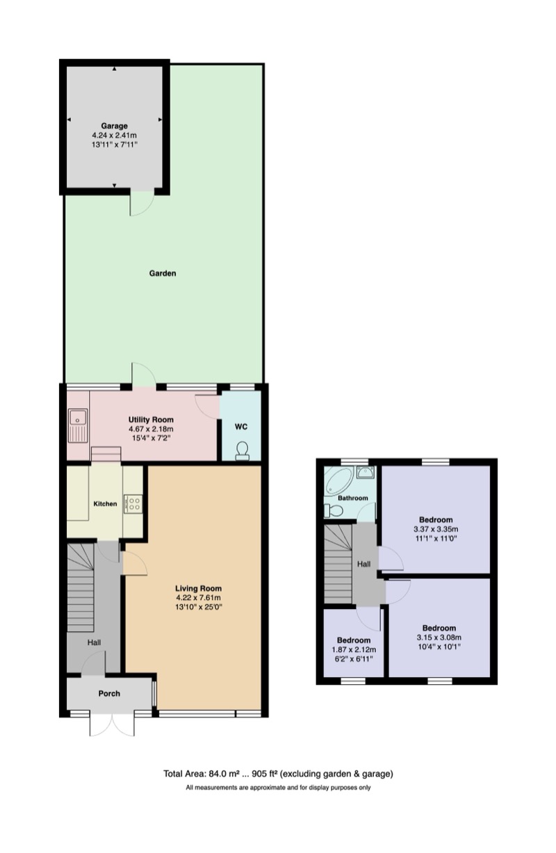 Floor plan of a 3-bedroom house with extension, garage and garden — 84 sqm